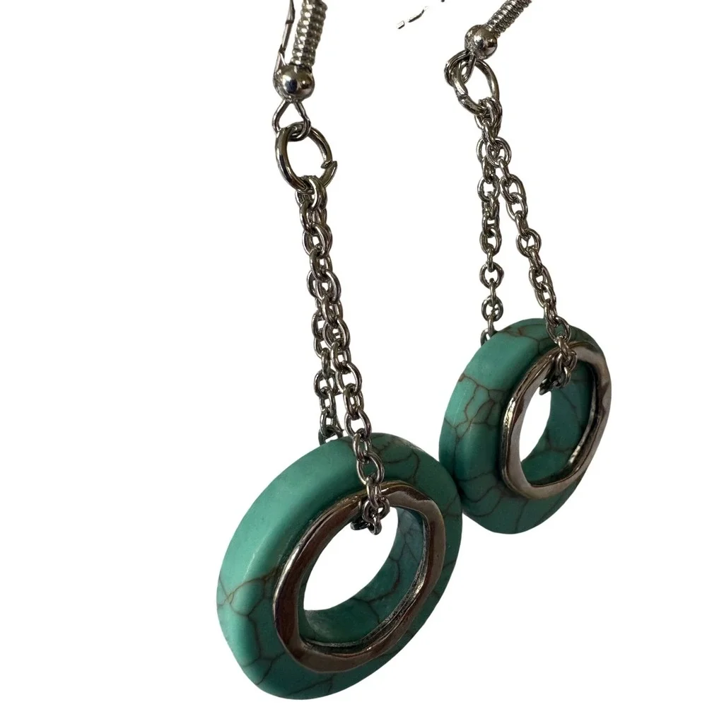 Silver Tone Long Turquoise Faux Stone Chain Necklace and Drop Earring‎ Set Boho